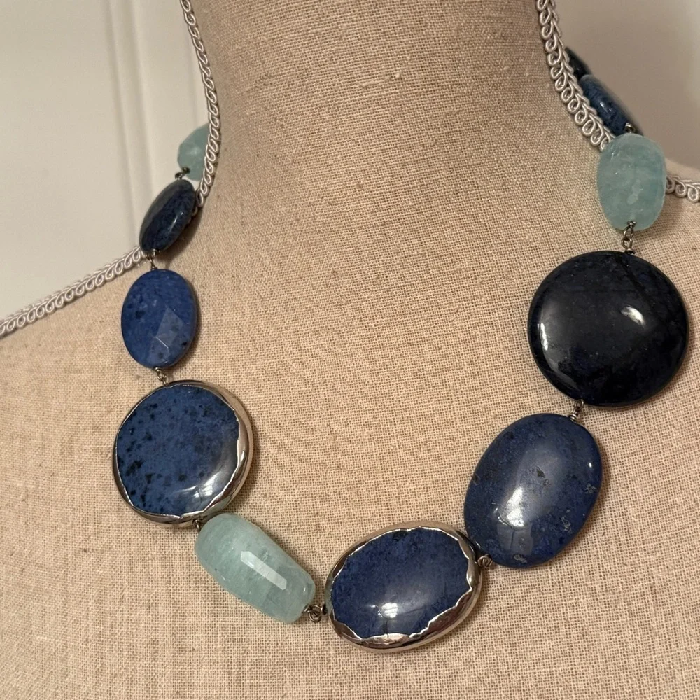NECKLACE DUMORTIERITE BLUE & GREEN QUARTZ CHUNKY STATEMENT STERLING SILVER 925