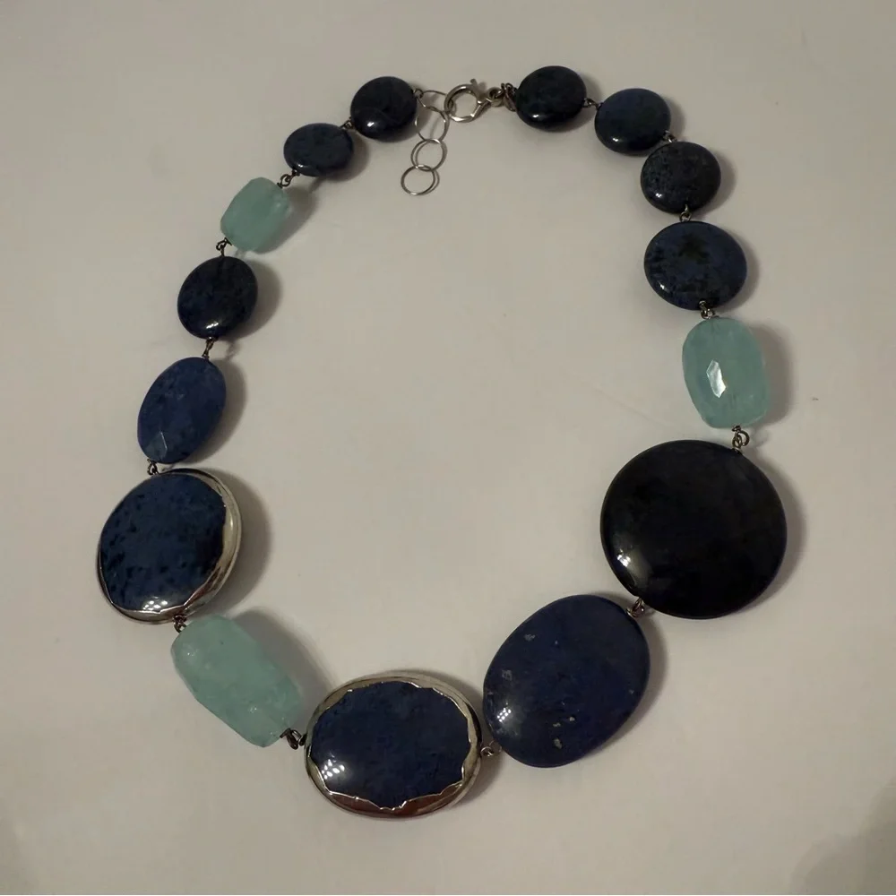 NECKLACE DUMORTIERITE BLUE & GREEN QUARTZ CHUNKY STATEMENT STERLING SILVER 925