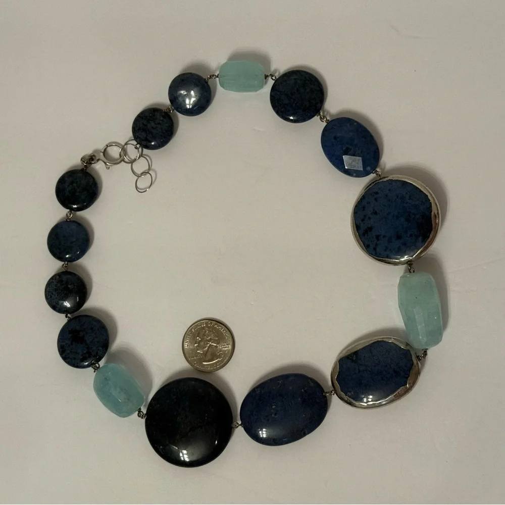 NECKLACE DUMORTIERITE BLUE & GREEN QUARTZ CHUNKY STATEMENT STERLING SILVER 925