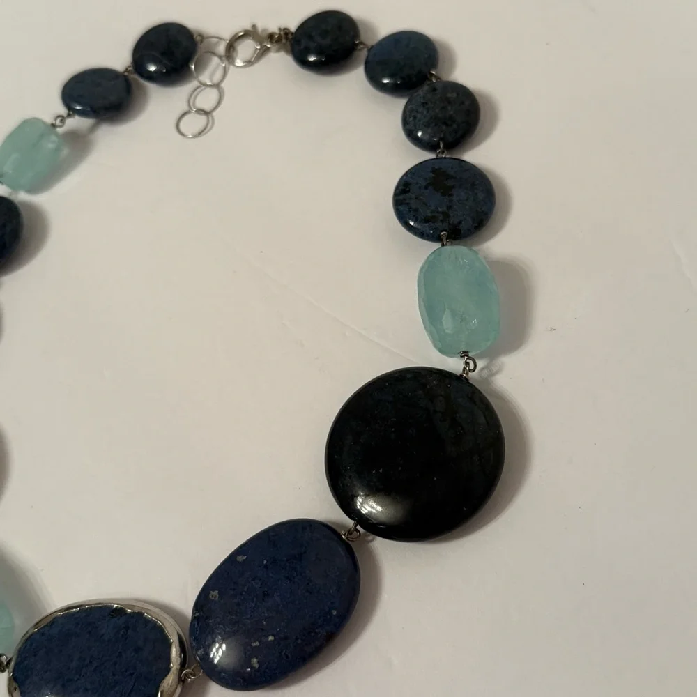 NECKLACE DUMORTIERITE BLUE & GREEN QUARTZ CHUNKY STATEMENT STERLING SILVER 925