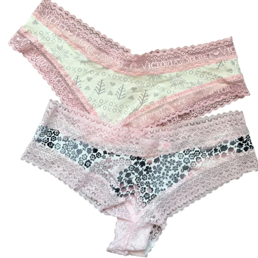 Victoria's Secret Cotton Lingerie Lace Trim Bikini Panties‎ 2pk Pink Floral L