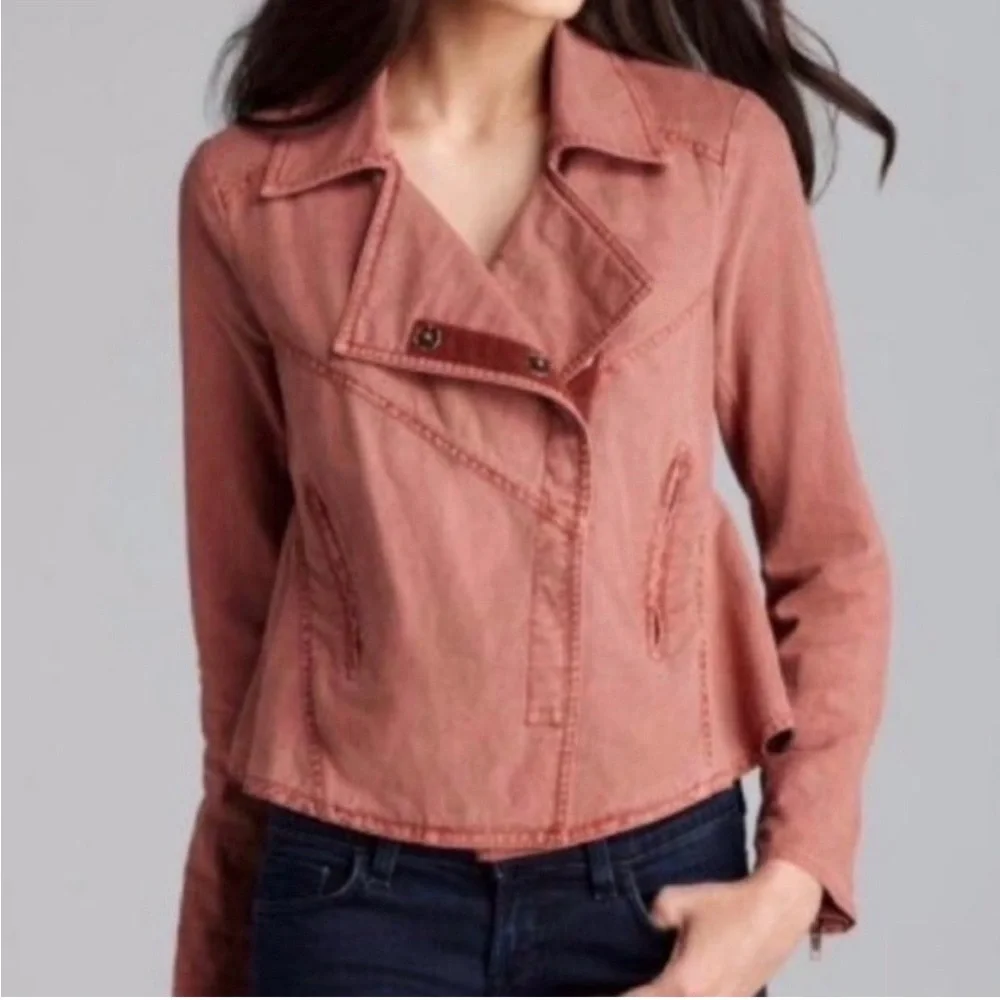 Free People Washed Pink Asymmetrical Moto Linen Utility Jacket Size Small