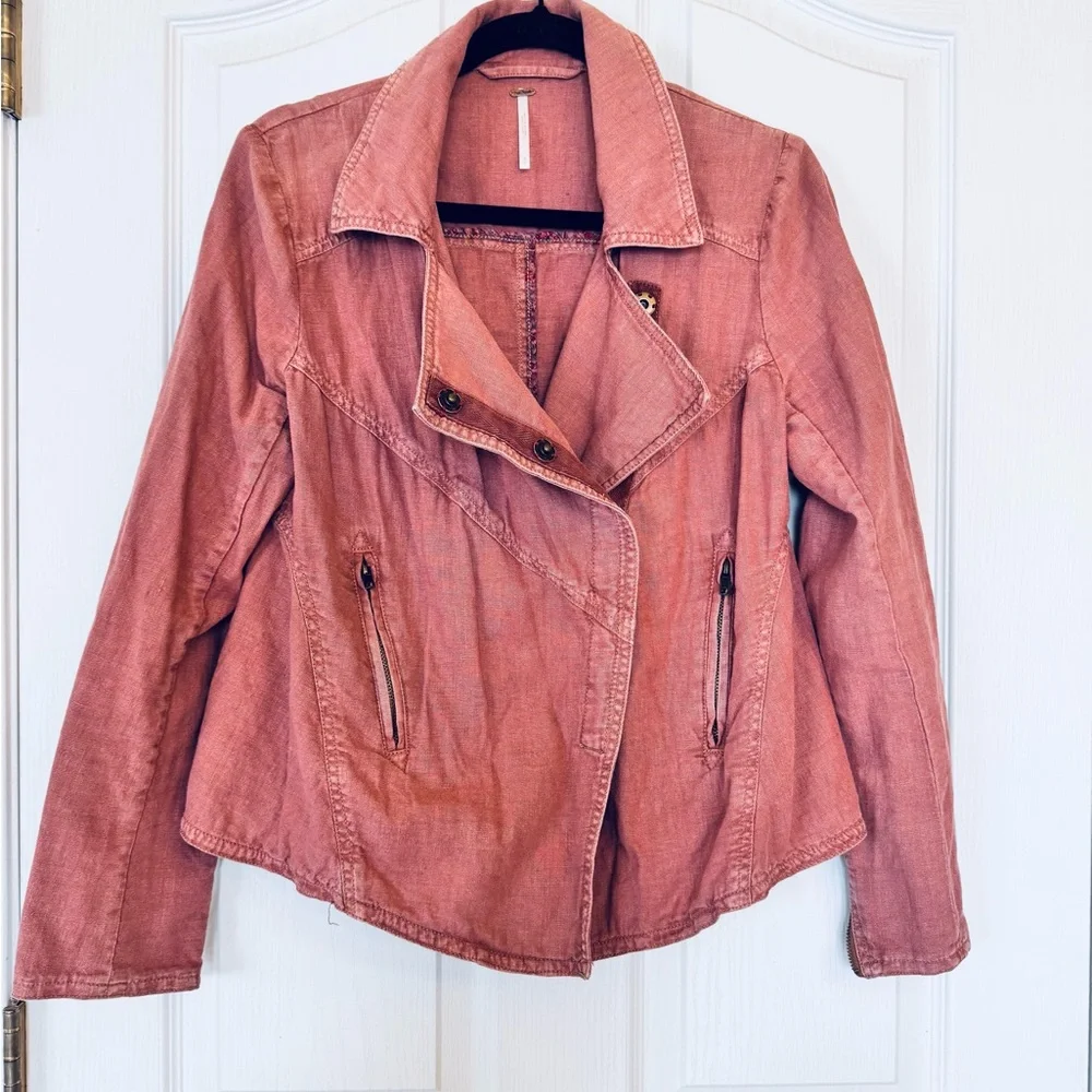 Free People Washed Pink Asymmetrical Moto Linen Utility Jacket Size Small