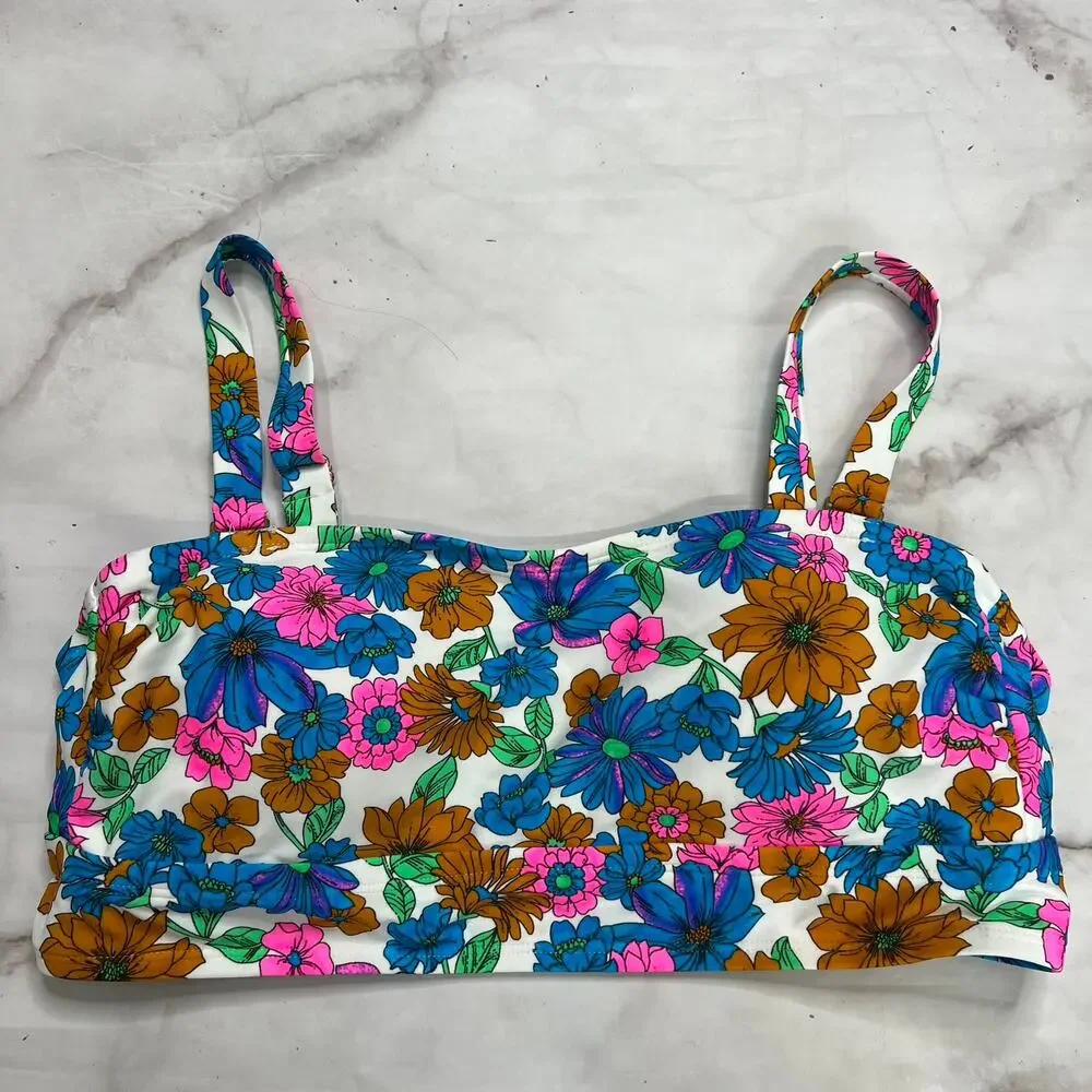 California Waves Wallpaper Floral Bandeau Bikini Top Size 1X Multi Straps New