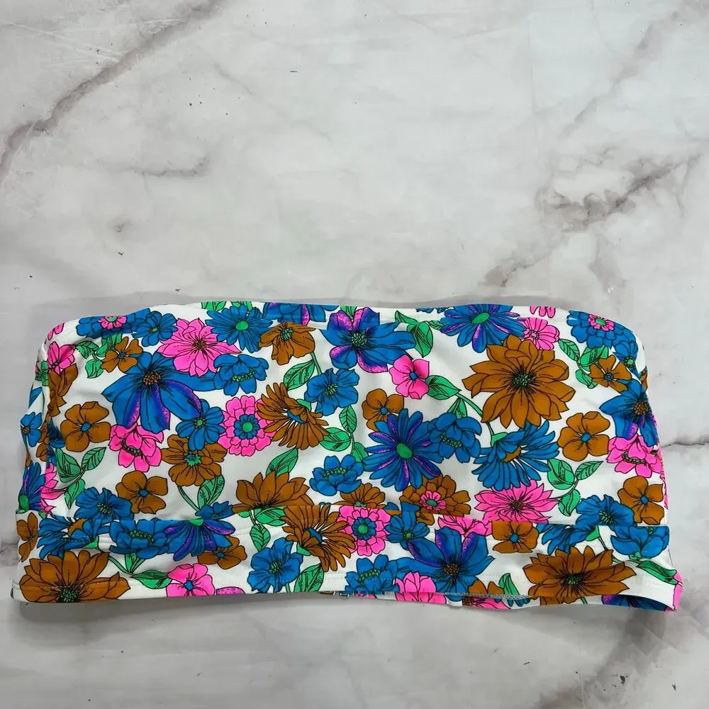 California Waves Wallpaper Floral Bandeau Bikini Top Size 1X Multi Straps New