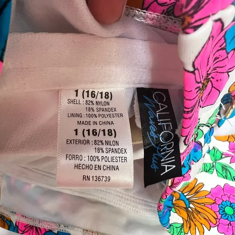 California Waves Wallpaper Floral Bandeau Bikini Top Size 1X Multi Straps New