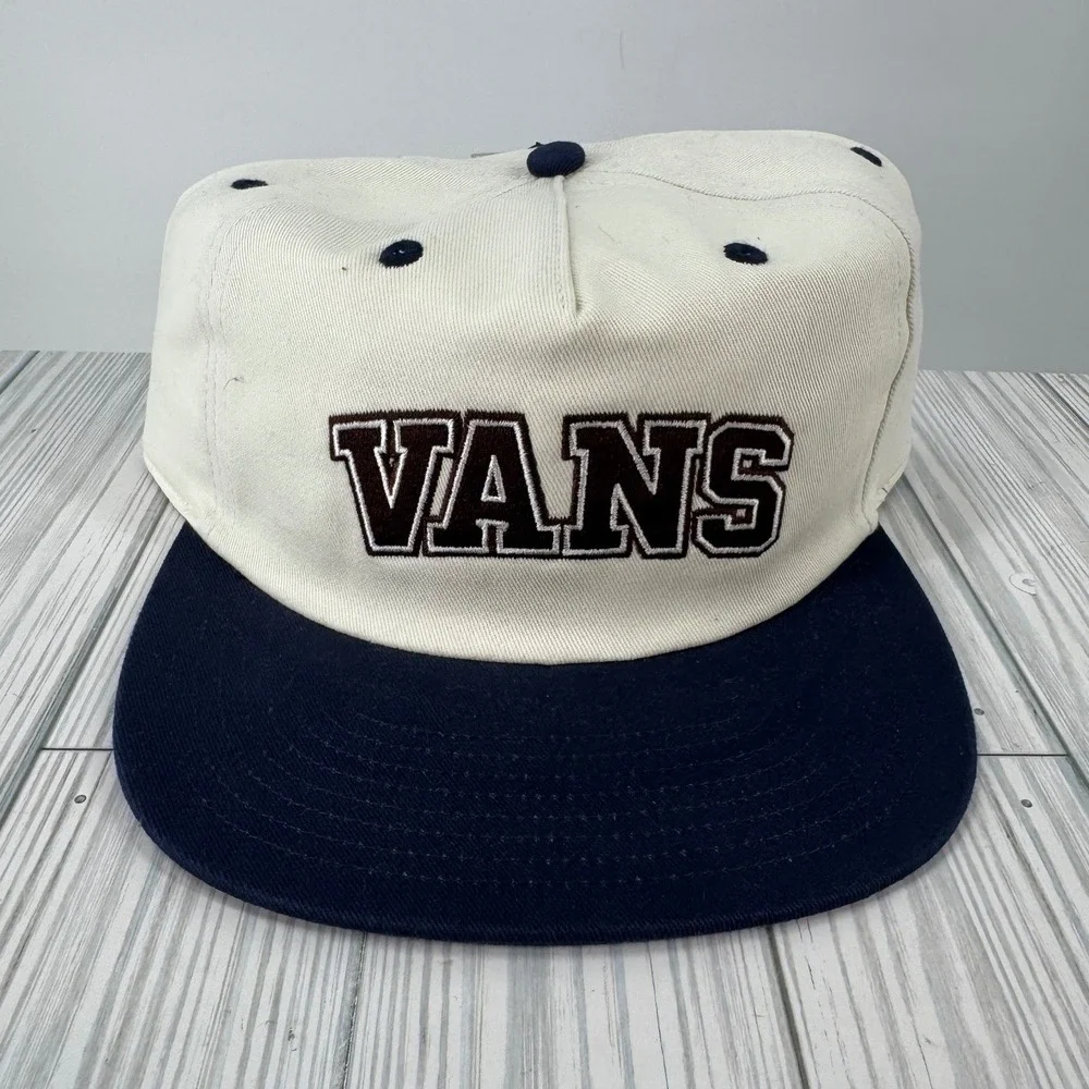 Vans Snapback Hat‎ Cream Navy Blue Embroidered Logo Property of Low