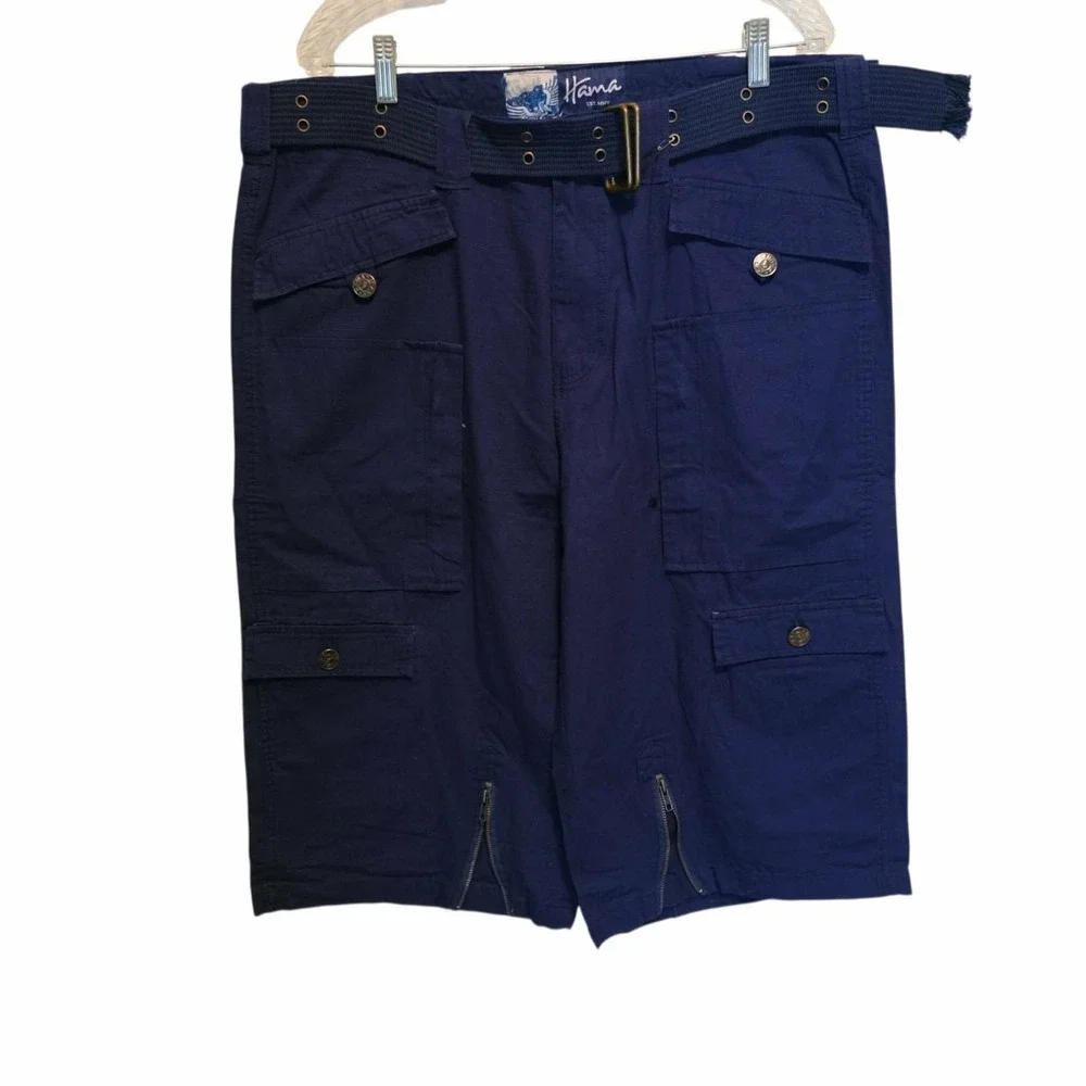 Vintage Hama Cargo Shorts Skater Baggy Combat Navy Blue Belted 36/17 NEW NWOT