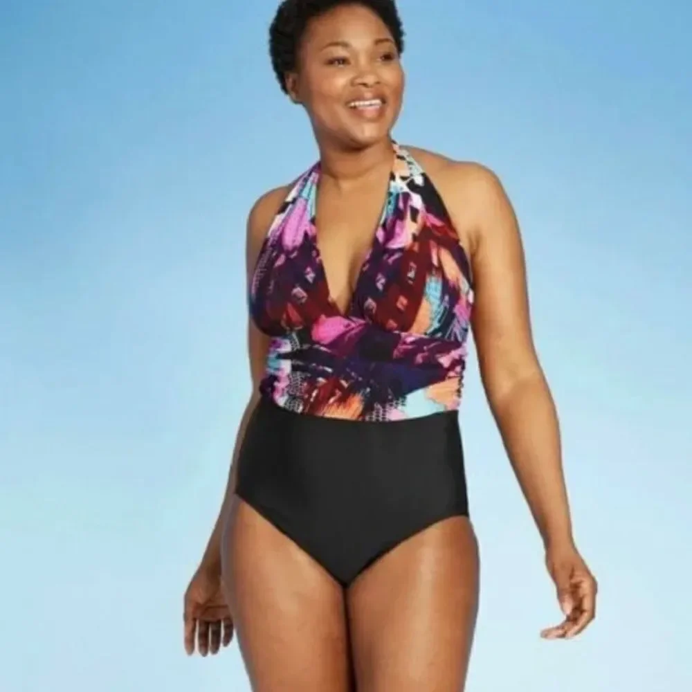 Aqua Green Colorful Halter One Piece Swimsuit