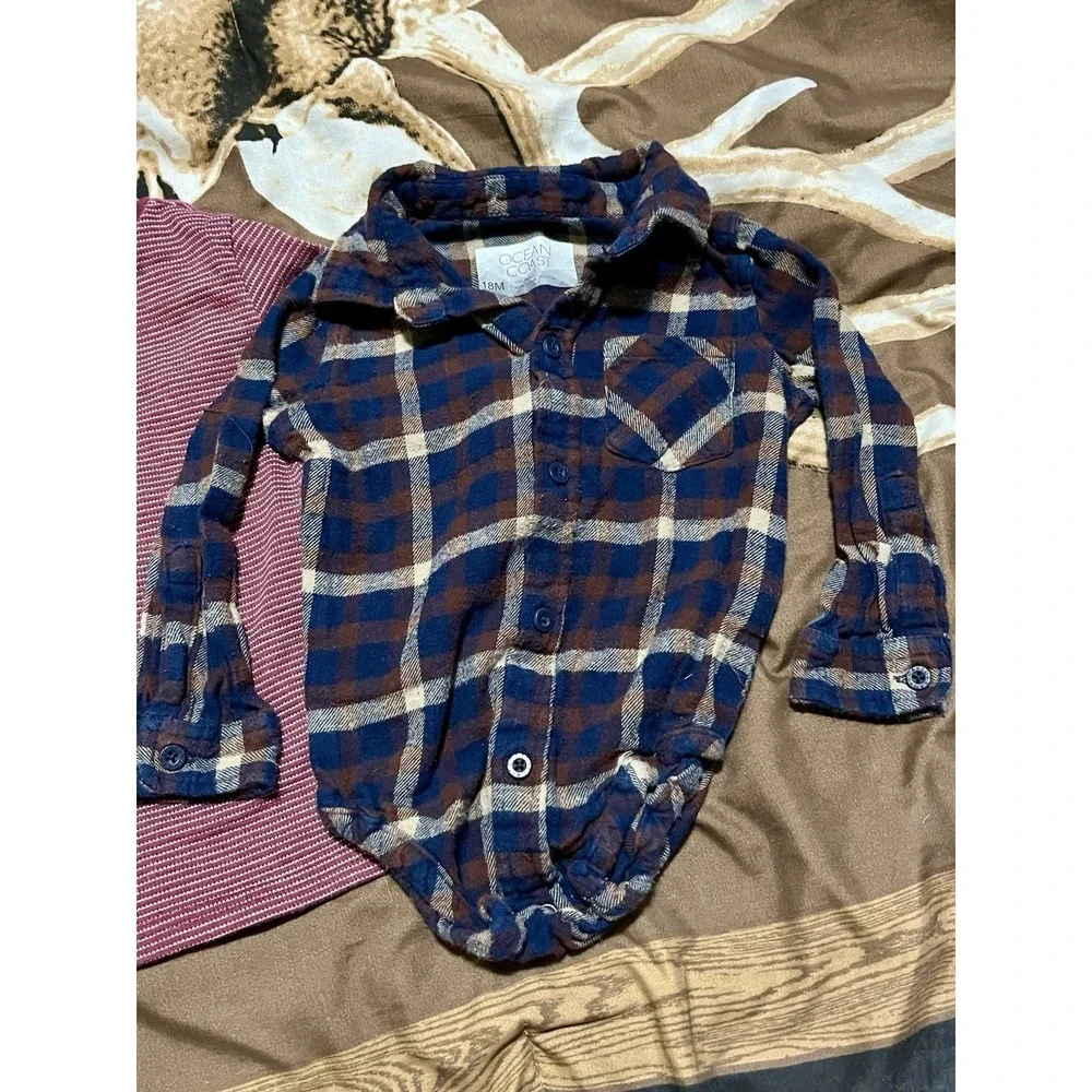 Toddler Boy 18mo Maroon Garanimal & Blue Plaid One‎ Pc Ocean+coast