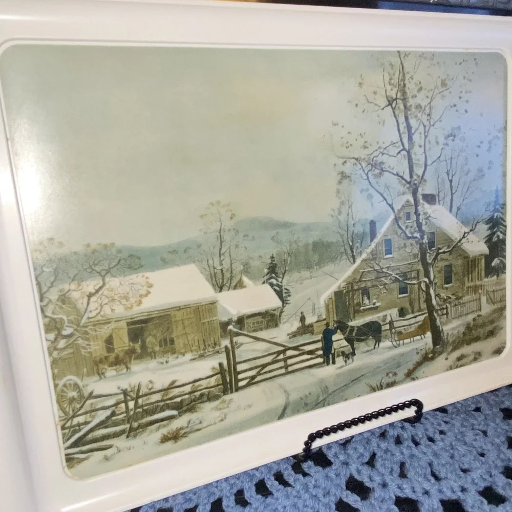 Vintage Waverly Products Winter Snow Farm Home Scene‎ White Serving Drink Tray