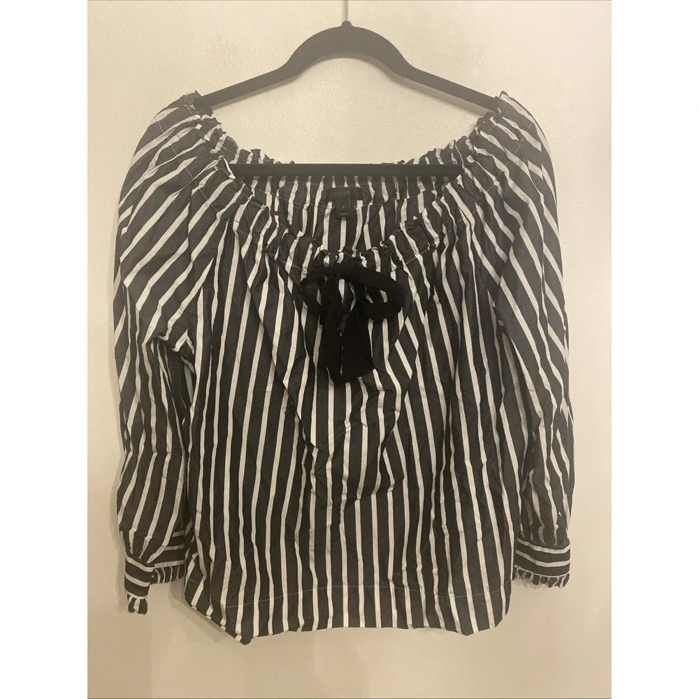 J.Crew Off-The-Shoulder Striped Bow Top‎ Black White Women's Size Large