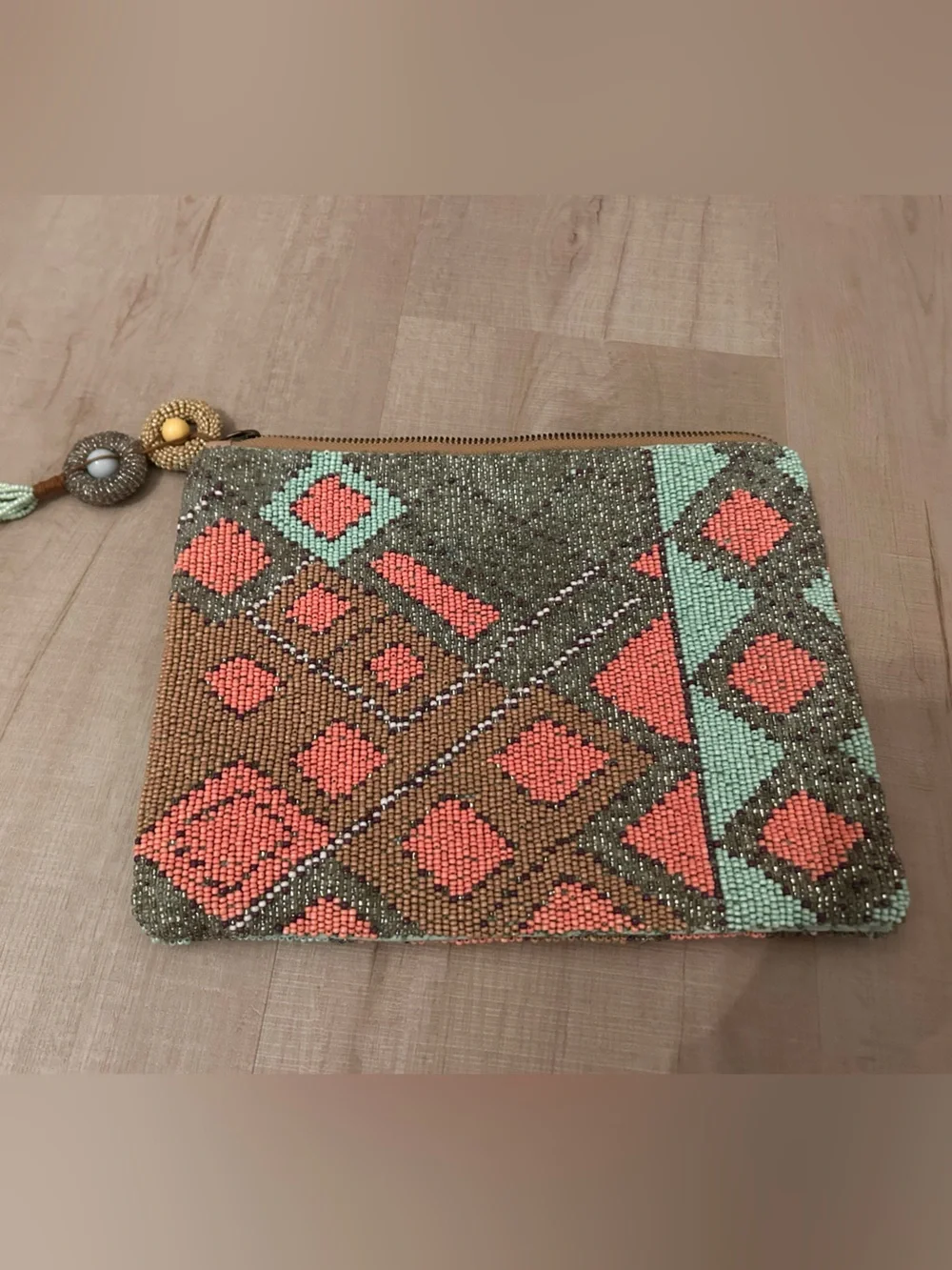 Anthropologie Beaded Boho Pattern Wristlet Clutch in Coral, Mint & Brown