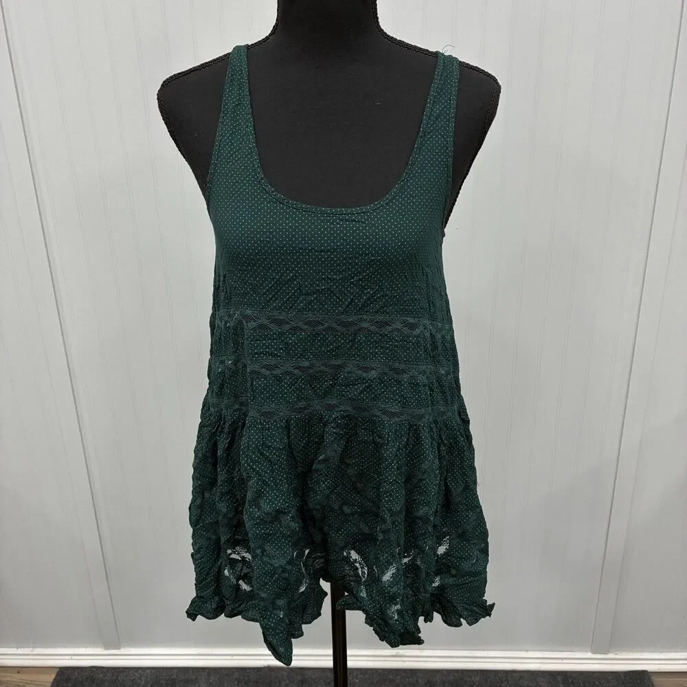 Intimately Free People Women's XS Green Swingy Lace Inset Tunic Top