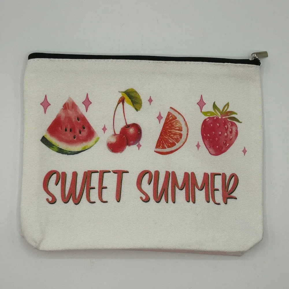 Sweet Summer Fruit Canvas Cosmetic Pouch Makeup‎ Bag with Cherry Bell Charm NWOT
