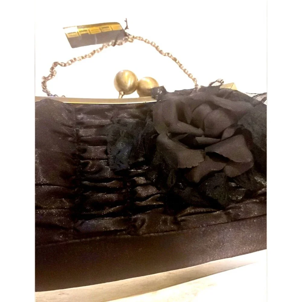 Vintage Sasha Women’s Gold Black Flower Clutch Wallet Coin Bag Purse NOS NWT