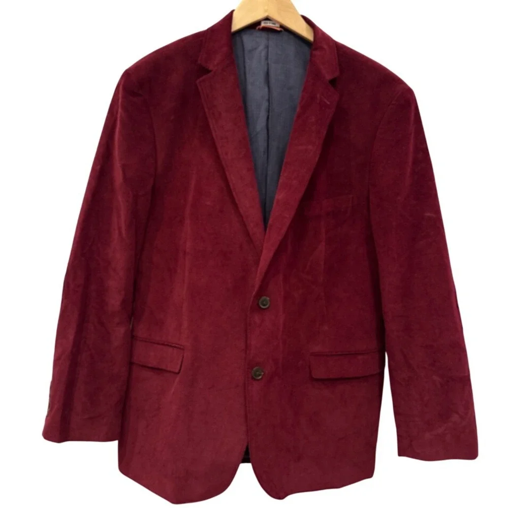 Crown & Ivy Mens Burgundy Corduroy Blazer Sport Coat 46R Red Cotton‎ Stretch