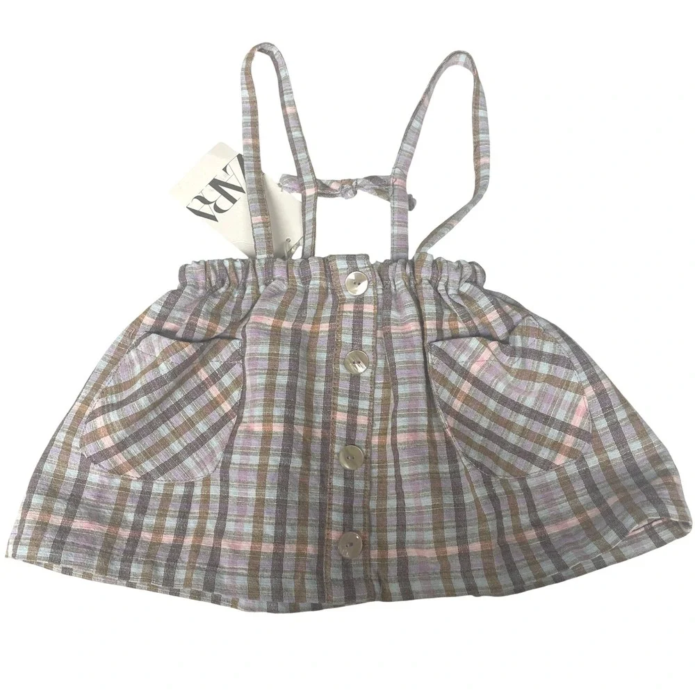 Zara‎ Baby Girls Plaid Pinafore Skirt Pastel Blue Pink 9-12 Months NWT Preppy