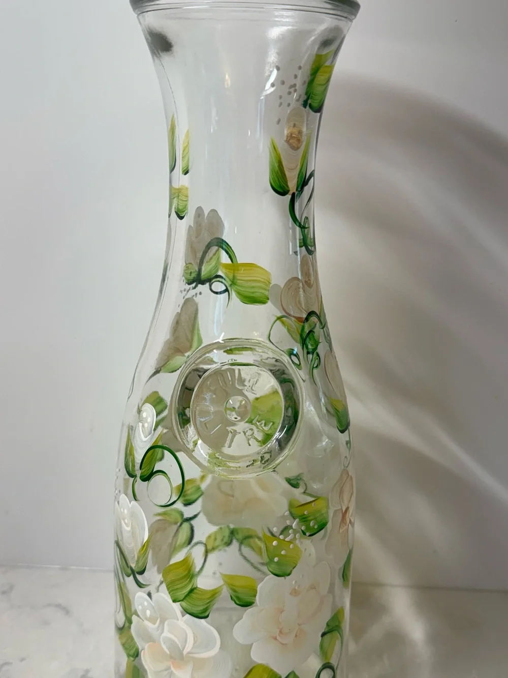 Hand-Painted Glass Carafe with Green and Cream Floral Design