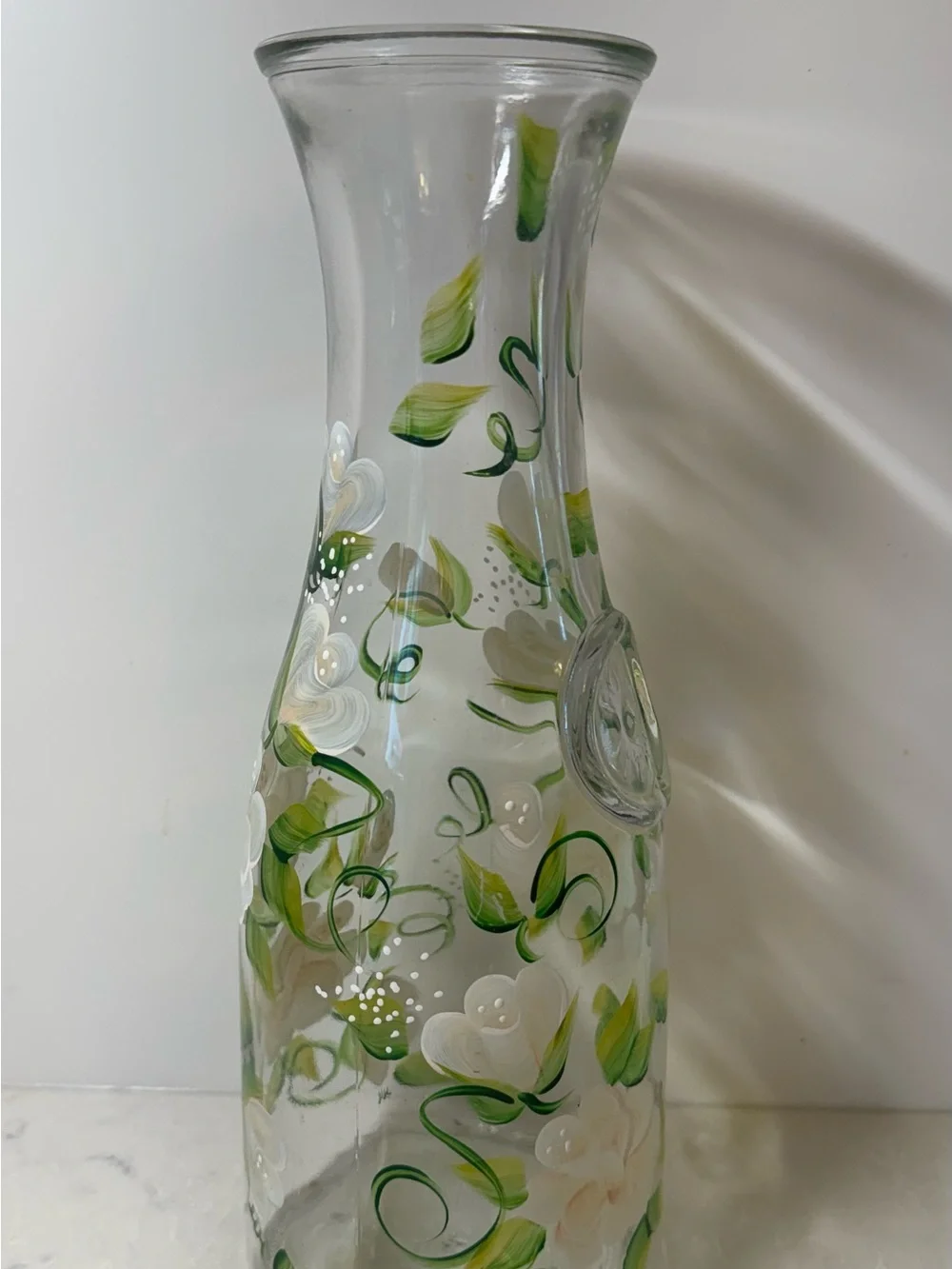 Hand-Painted Glass Carafe with Green and Cream Floral Design