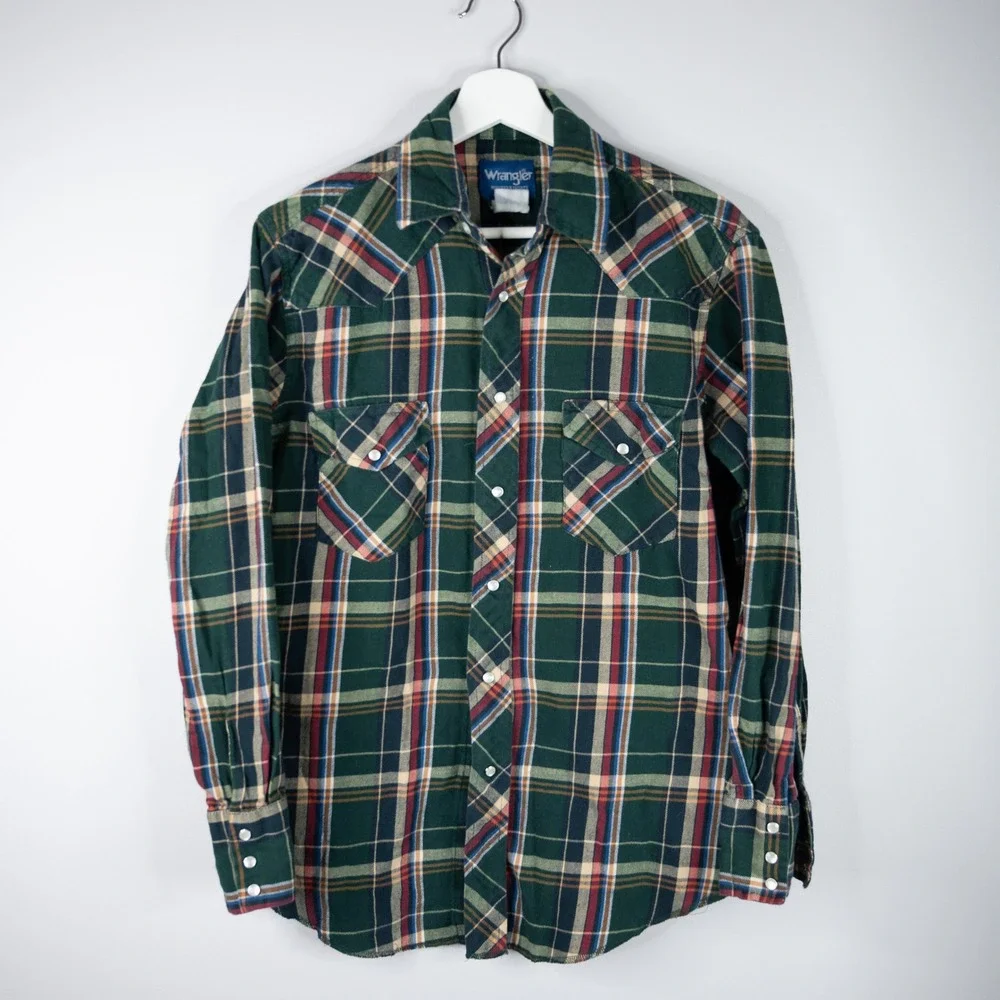 Vintage Wrangler Western Flannel Shirt Mens Medium Green Plaid‎ Pearl Snap Yoke