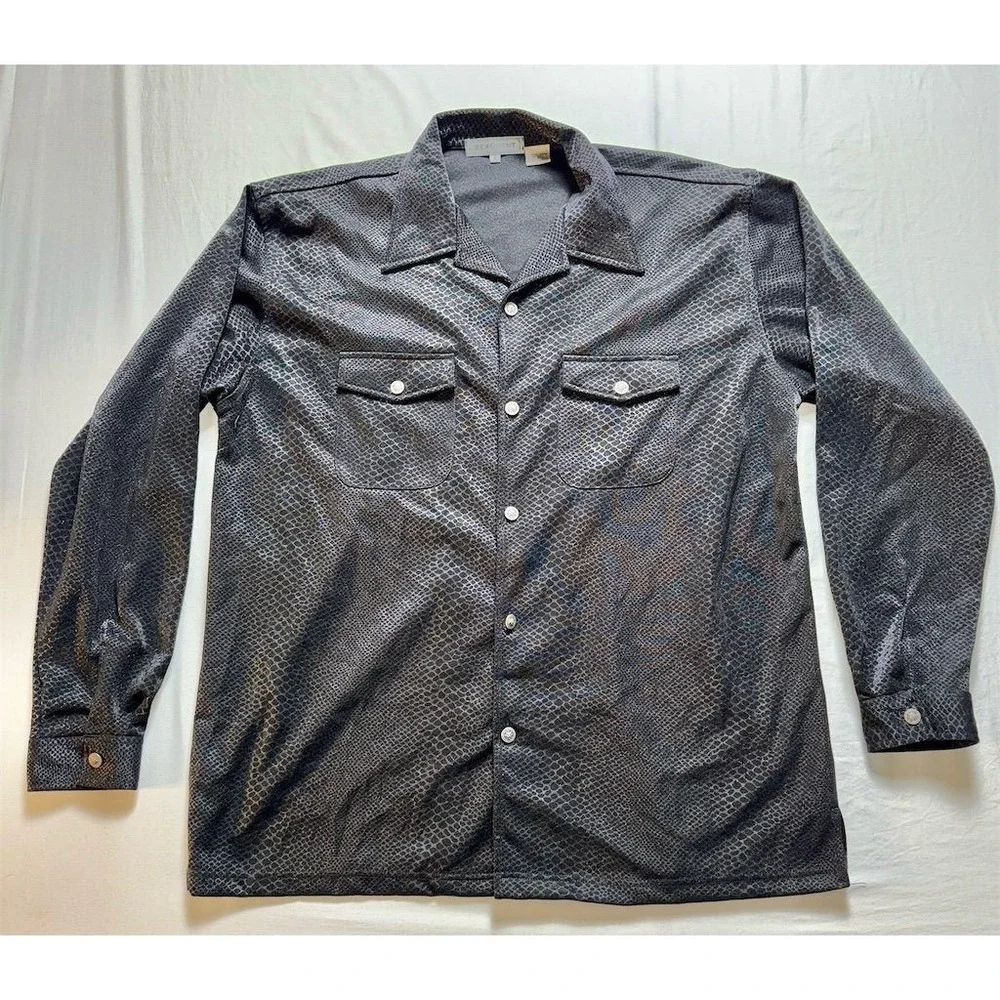 Beaugent Men's Black‎ Textured Long Sleeve Button-Down Shirt Size L luxury snake