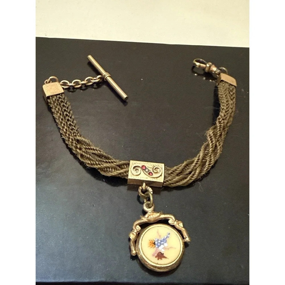 Antique Victorian Woven‎ Hair Pocket Watch Chain  Gold Filled Jewelry Mourning