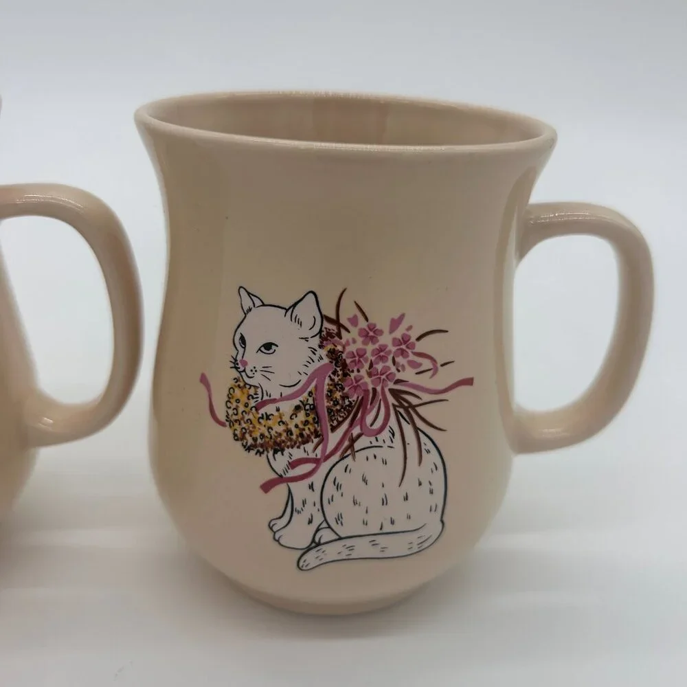 Vtg Lot (2)‎ CBK 1987 Cat Mugs Coffee Tea  Ceramic cups Kitty Floral Cute