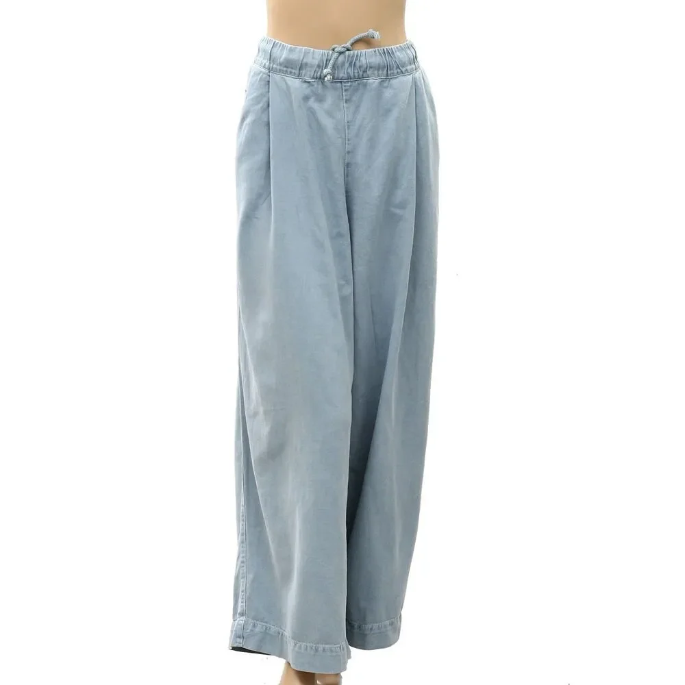 Free People Women's Wide-Leg Drawstring Trouser Pants Adjustable Blue XL 288468
