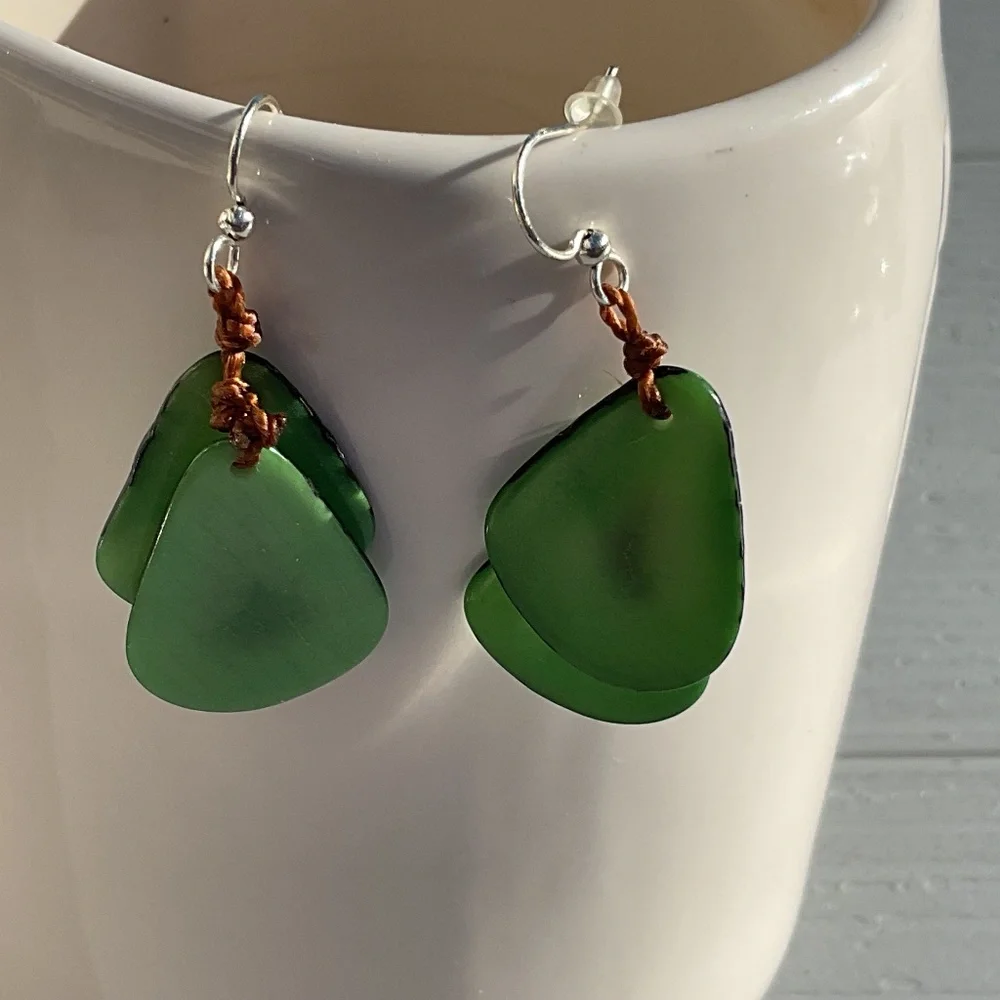 Dangle Earrings Vegetable Ivory Stone Green Handcrafted pierced 2” long