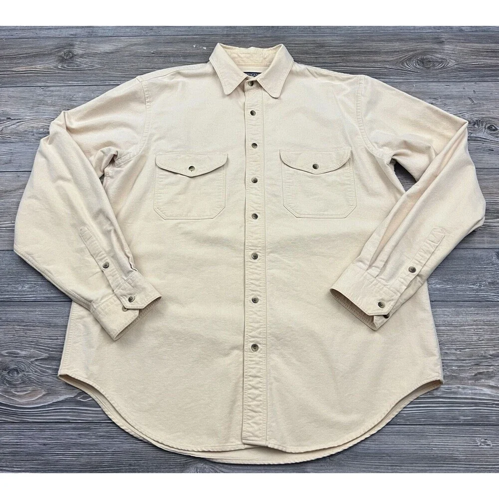 Vtg Lands End Mens LT Button Up Shirt Yellow Outdoor‎ Heavy Cotton Cabincore