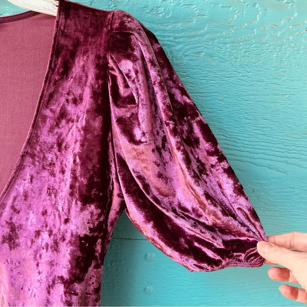 Free People Crushed Velvet Whimsygoth Fairy Purple Bodysuit Puff Sleeves Size S