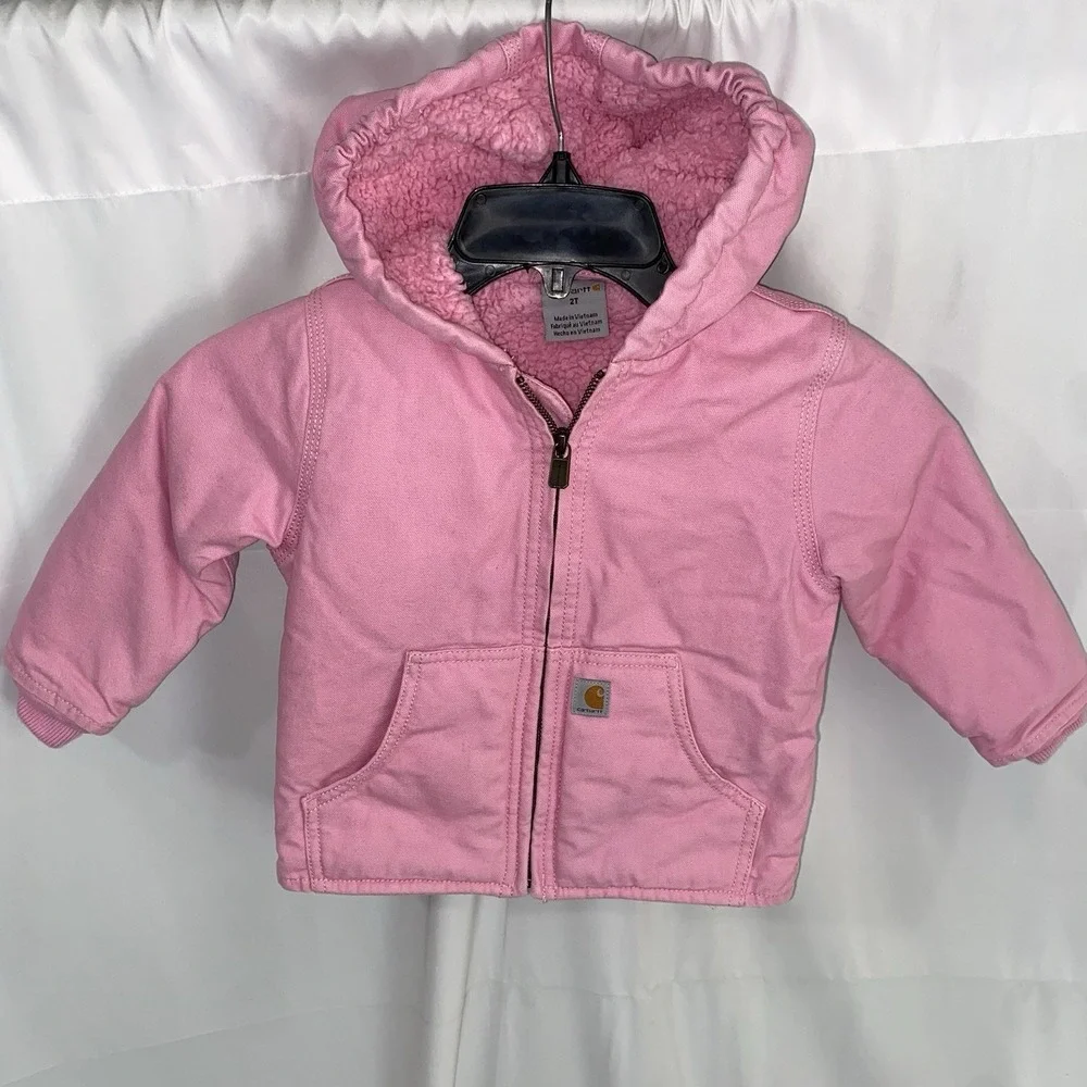 Carhartt Jacket Girls 2T Pink Hooded Canvas Sherpa Lined Full Zip