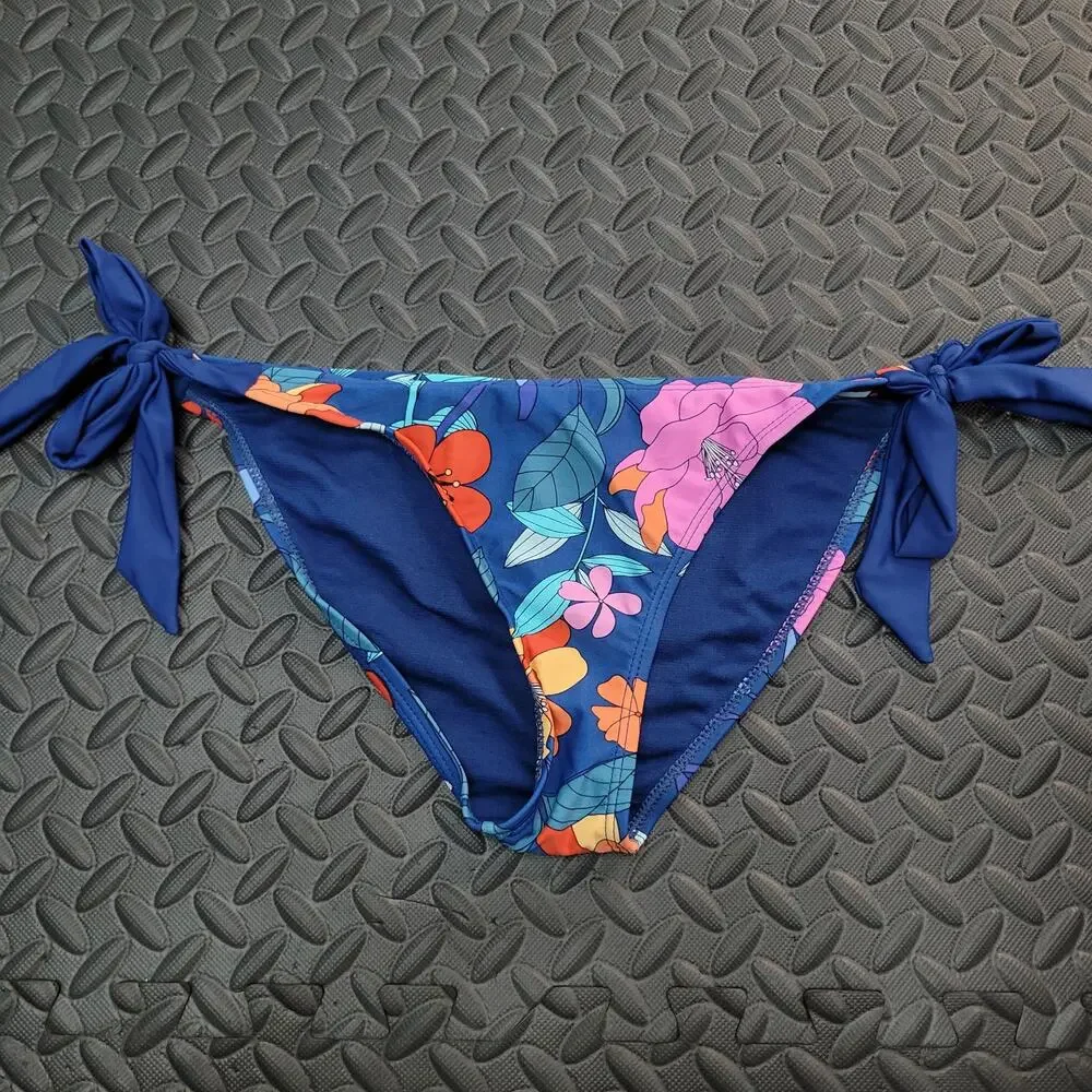 Heat Bikini Bottom Medium Blue Floral Tie Side String Swim Vacation Ready Beach