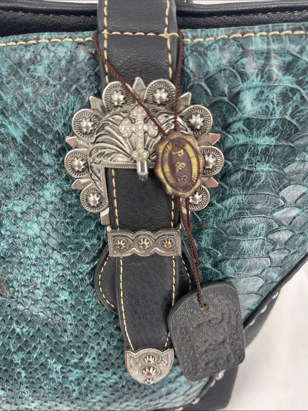 P&G Teal Textured Tote/SHOULDER Bag with Silver Conchos and Buckles
