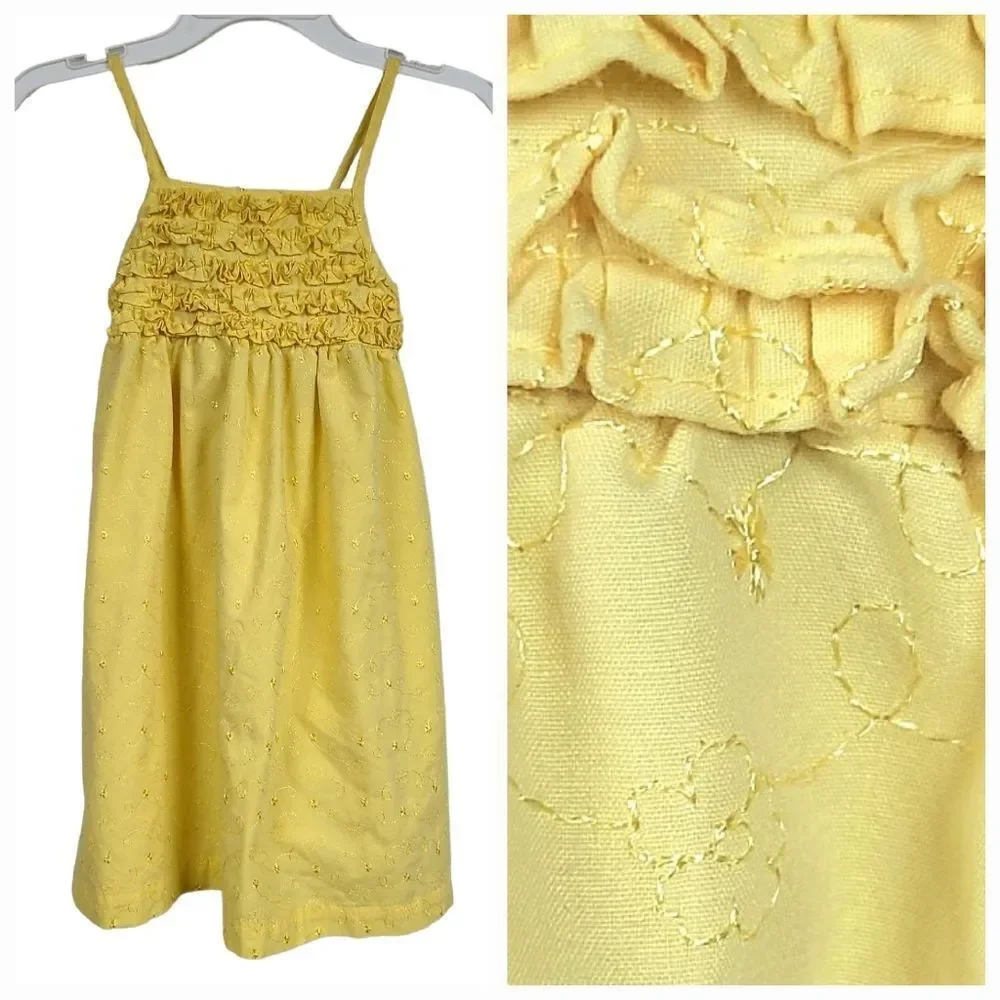 Penelope Mack Sunny Yellow Embroidered Sundress Smocked Ruffle Sleeveless Dress