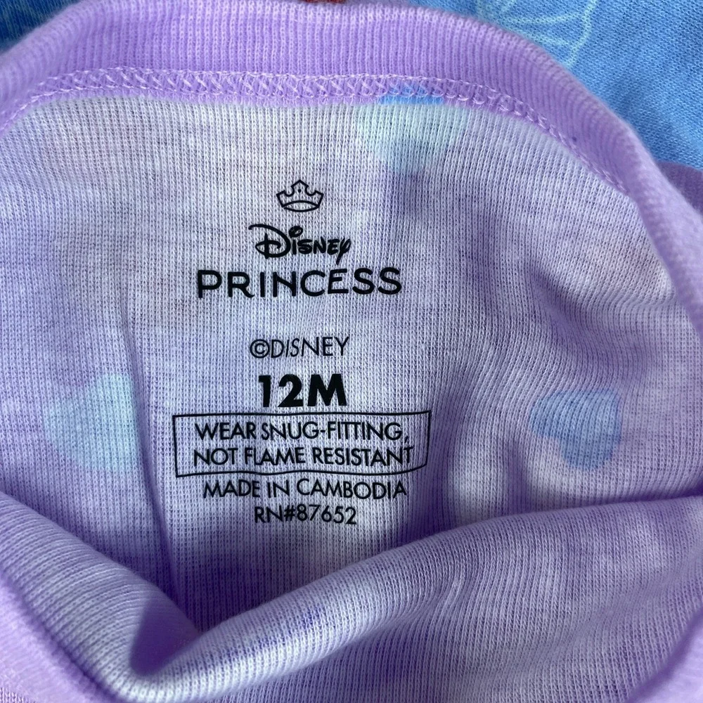 Disney Princess Lot of 2 Pajama Top Girls 12M Purple Cartoon Characters Snug Fit