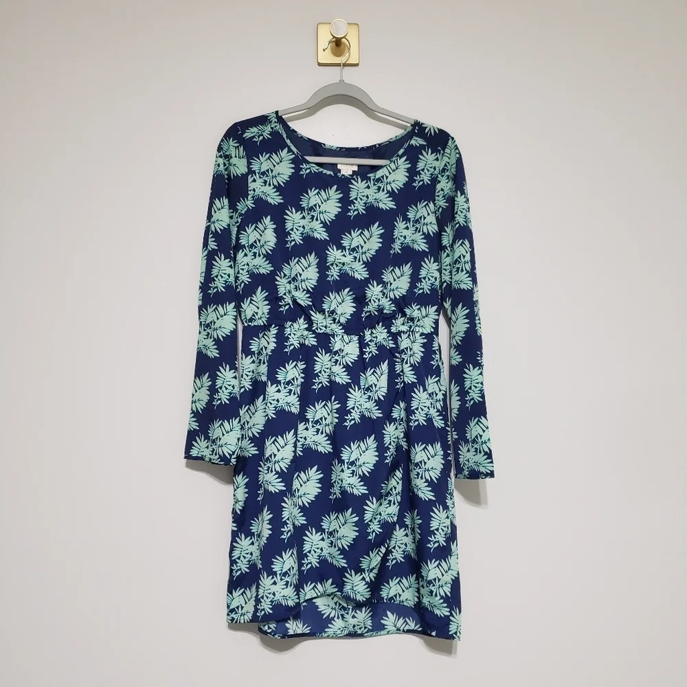 J. Crew Leaf Print Long Sleeve Dress 10 Navy Blue Mint Green Faux Wrap Lined