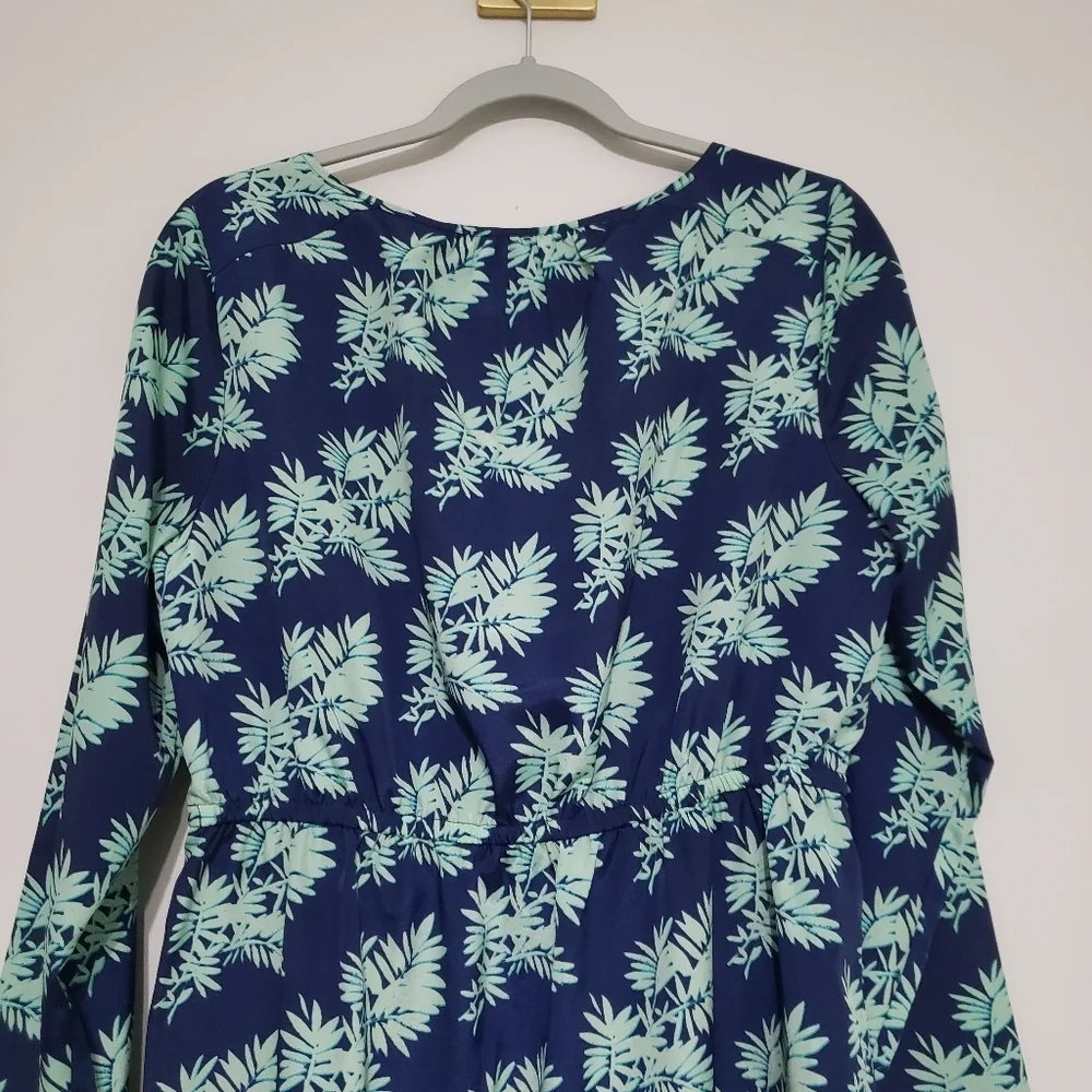 J. Crew Leaf Print Long Sleeve Dress 10 Navy Blue Mint Green Faux Wrap Lined