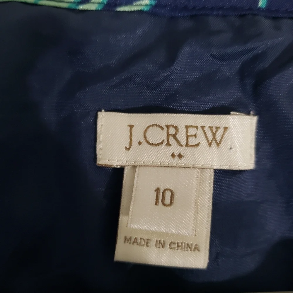 J. Crew Leaf Print Long Sleeve Dress 10 Navy Blue Mint Green Faux Wrap Lined