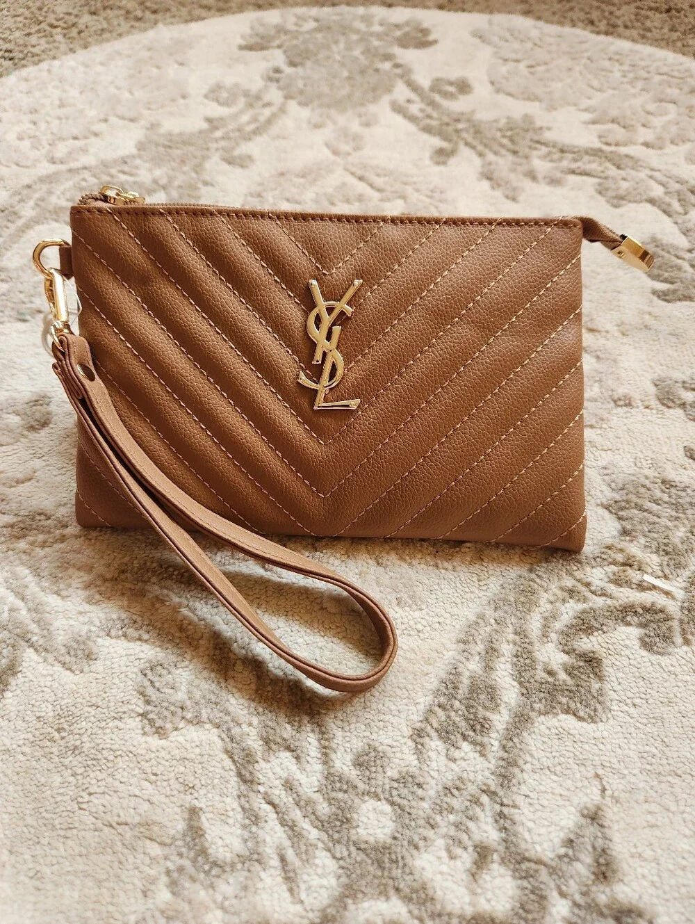 Saint Laurent Tan Quilted Leather Wristlet Clutch with Gold YSL