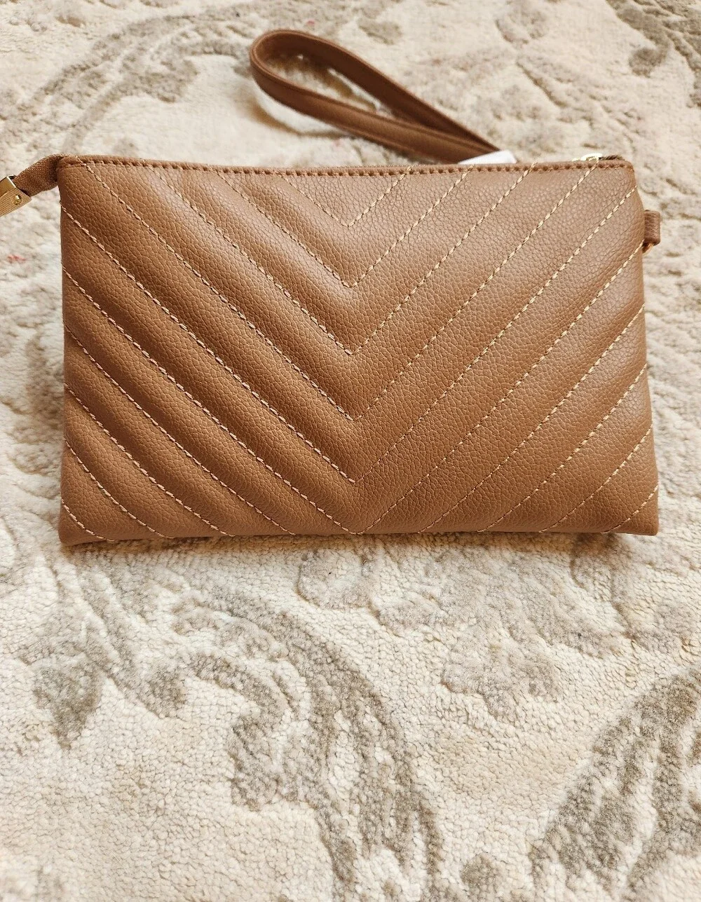 Saint Laurent Tan Quilted Leather Wristlet Clutch with Gold YSL