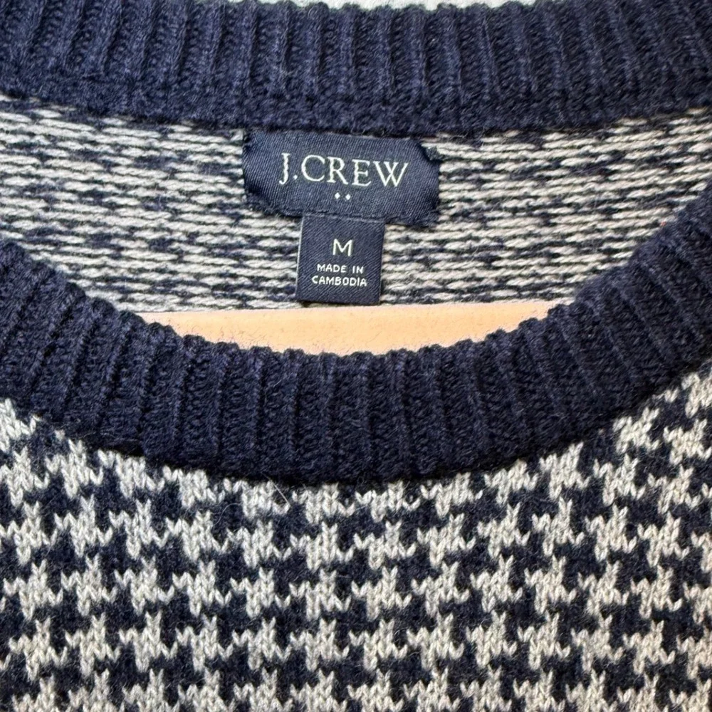 J.Crew Mens Houndstooth Crewneck Sweater Navy Blue Gray Lambswool Blend Size M