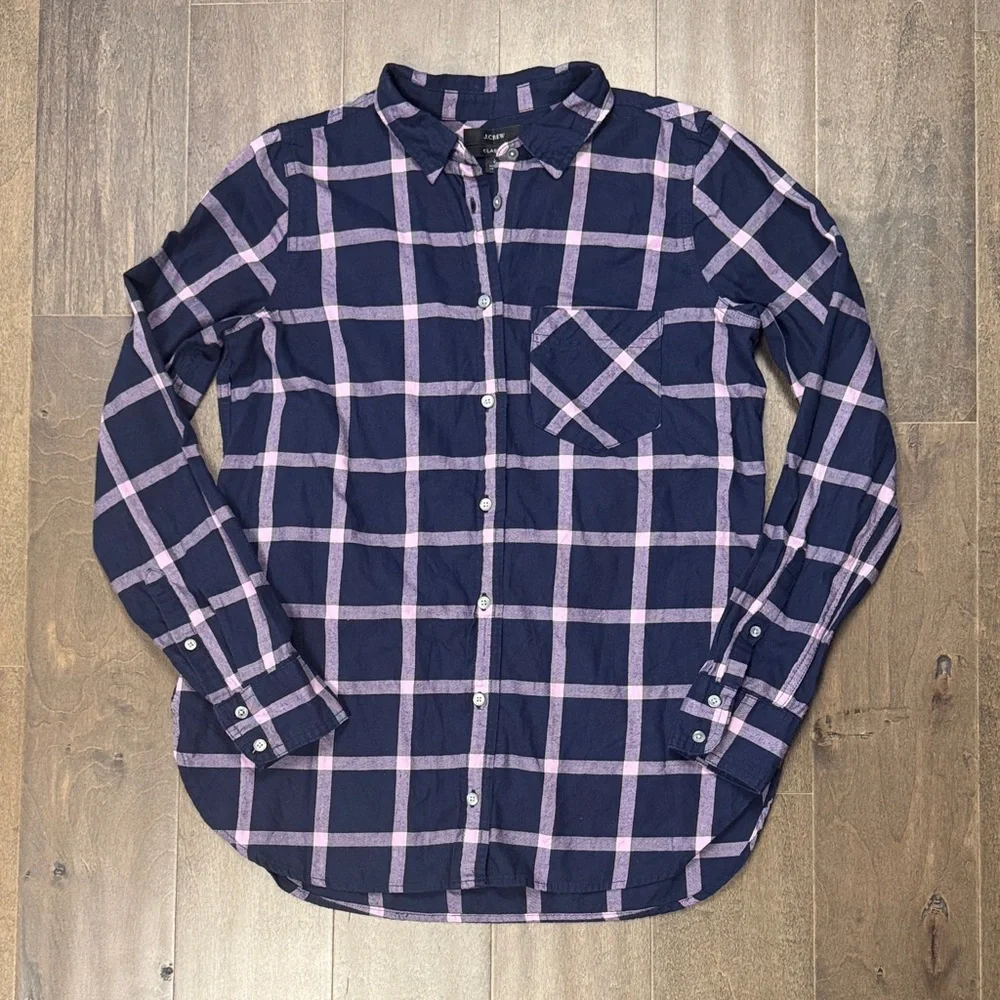 J.Crew Classic Navy Pink Plaid Cotton Button-Down Shirt Size 2