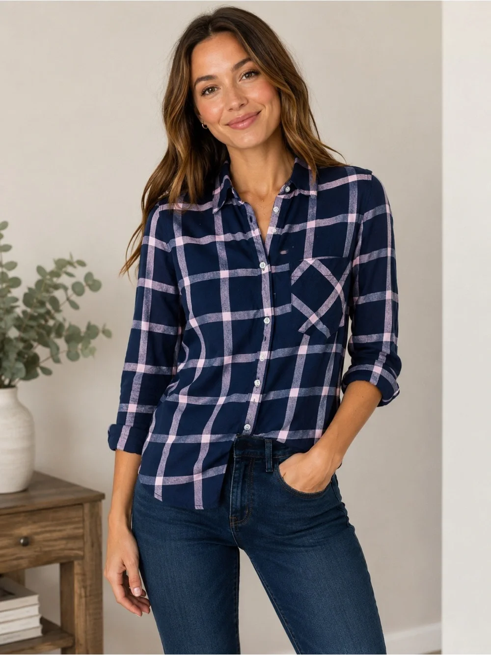 J.Crew Classic Navy Pink Plaid Cotton Button-Down Shirt Size 2