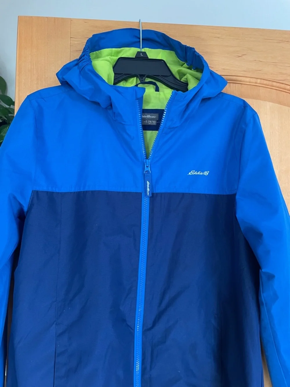 Eddie Bauer Blue Navy Colorblock Hooded Windbreaker Lime Lining Boys L 14/16