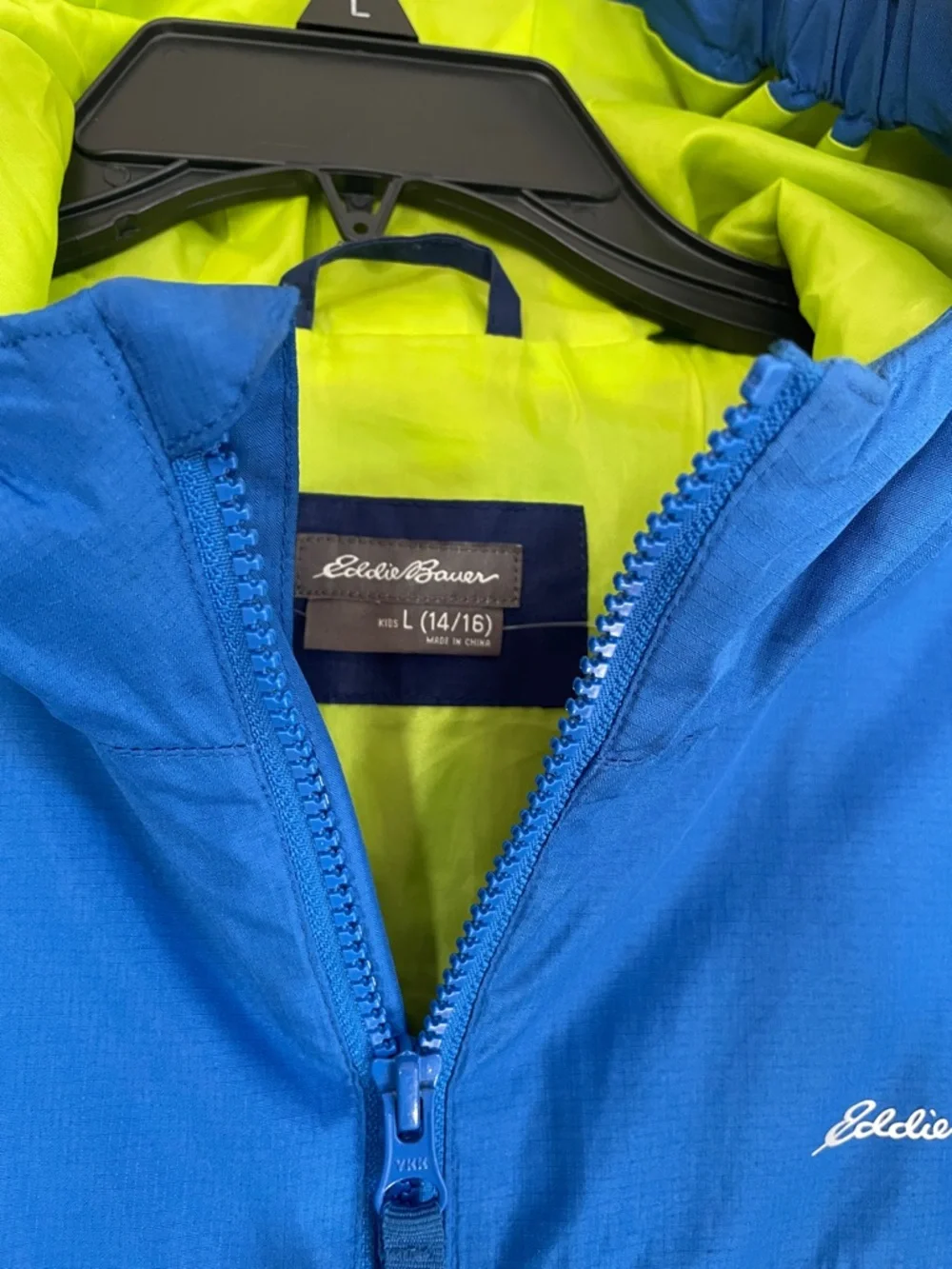 Eddie Bauer Blue Navy Colorblock Hooded Windbreaker Lime Lining Boys L 14/16