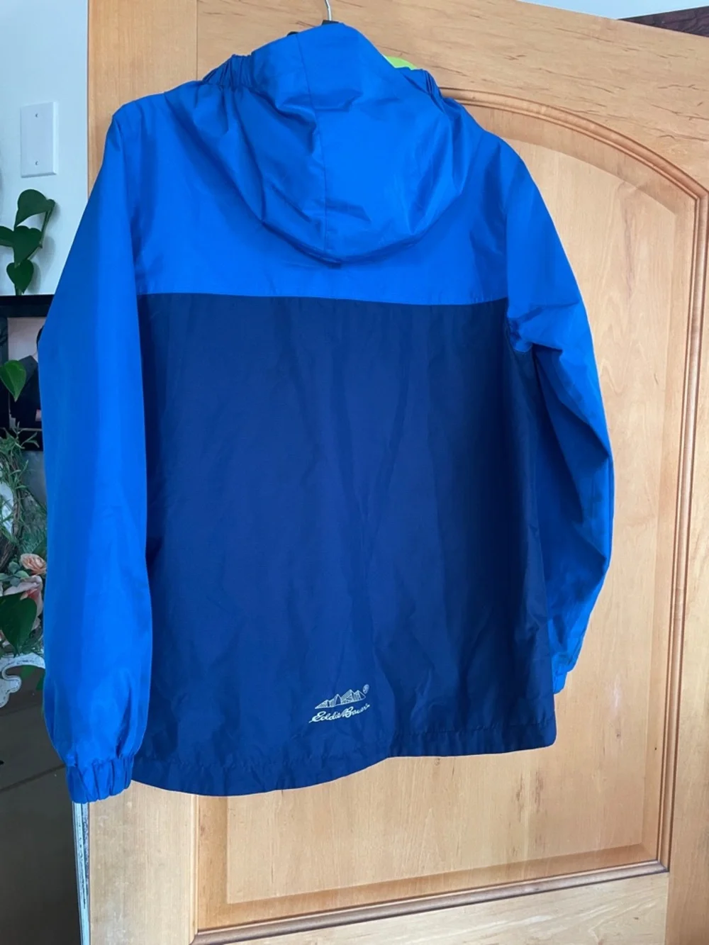 Eddie Bauer Blue Navy Colorblock Hooded Windbreaker Lime Lining Boys L 14/16