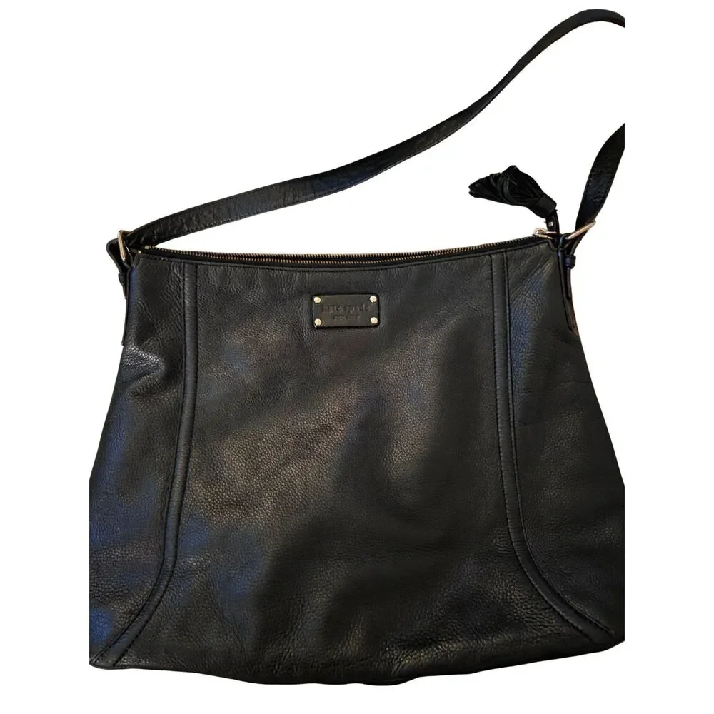 Kate Spade Black Pebbled Leather Hobo Shoulder Bag Tassel Polka Dot