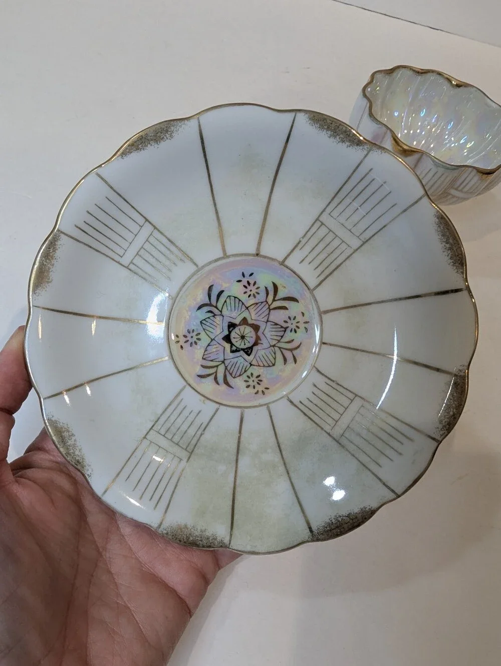 Vintage Royal Sealy Japan Iridescent Scalloped Teacup And Saucer Gold Accents